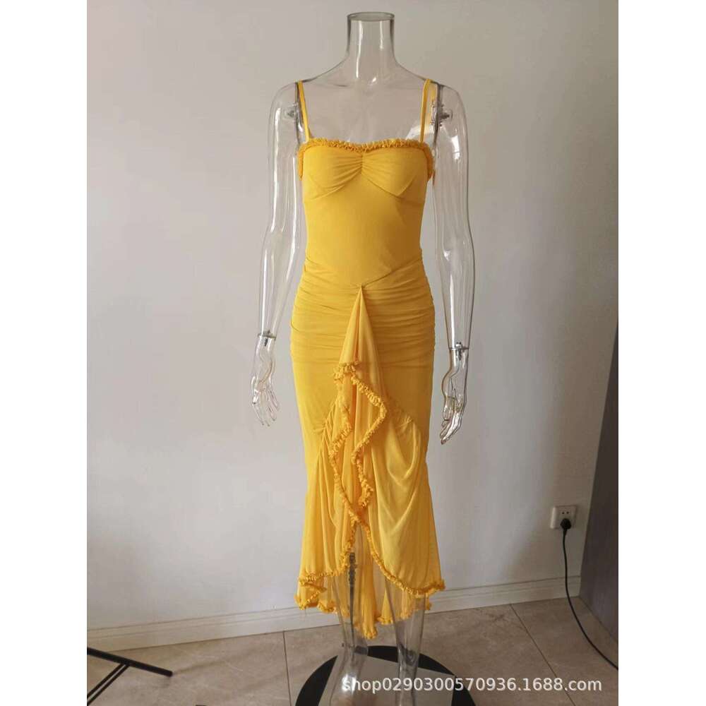 White Dress Maxi Dress Autumn New Temperament Yellow Lace Long Spicy Girl Suspender Dress KQ