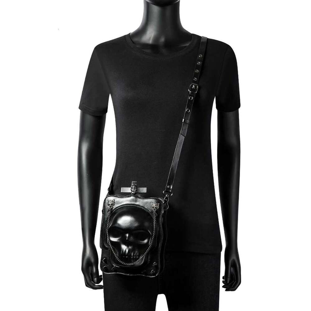 Halloween Theme Punk Rivet Skull Shape Shoulder Bag, PU Leather Skeleton Flap With Zipper Closure Dark Gothic Crossbody Bag
