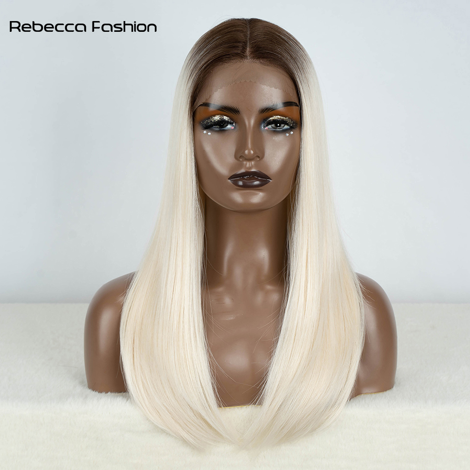 Rebecca Fashion 22 Inch Black Ombre Brown Blonde Straight Bob Synthetic Lace Front Wig for Black Women