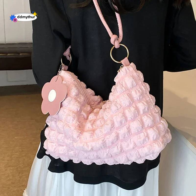 Korean Soft Bubbles Handbags for Woman Girls Flower Pleated Cloud Underarm Pouch Casual Shoulder Bag Cute Purse ddmythur