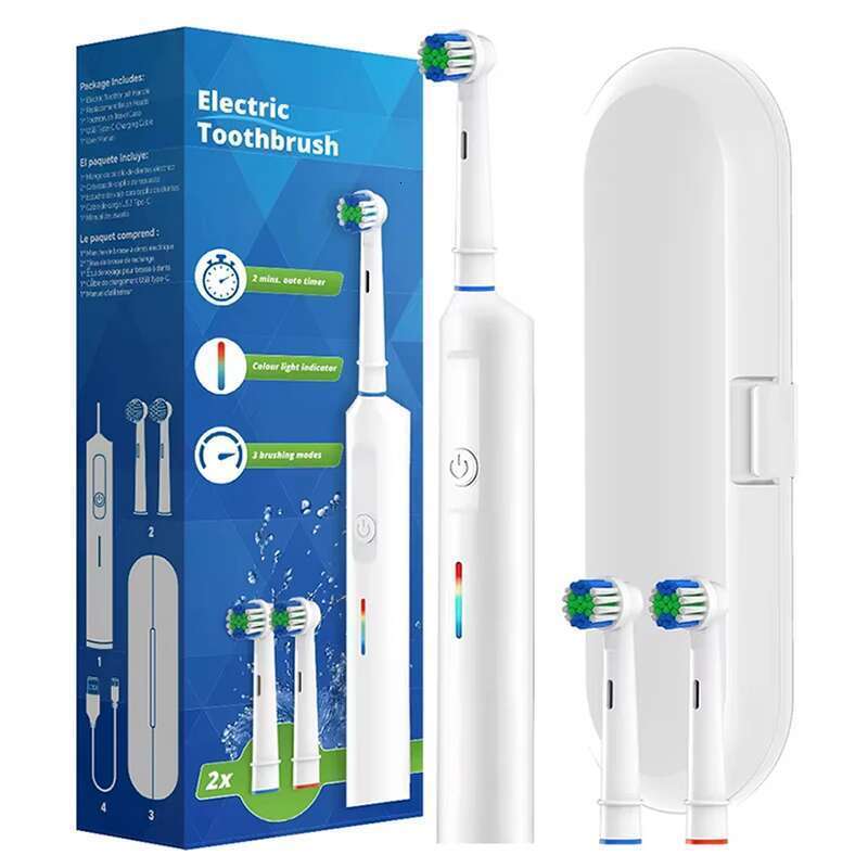 Rotating 3 Modes USB Fast Rechargeable Rotary Electric Toothbrush with Travel Case 2 Brush Heads