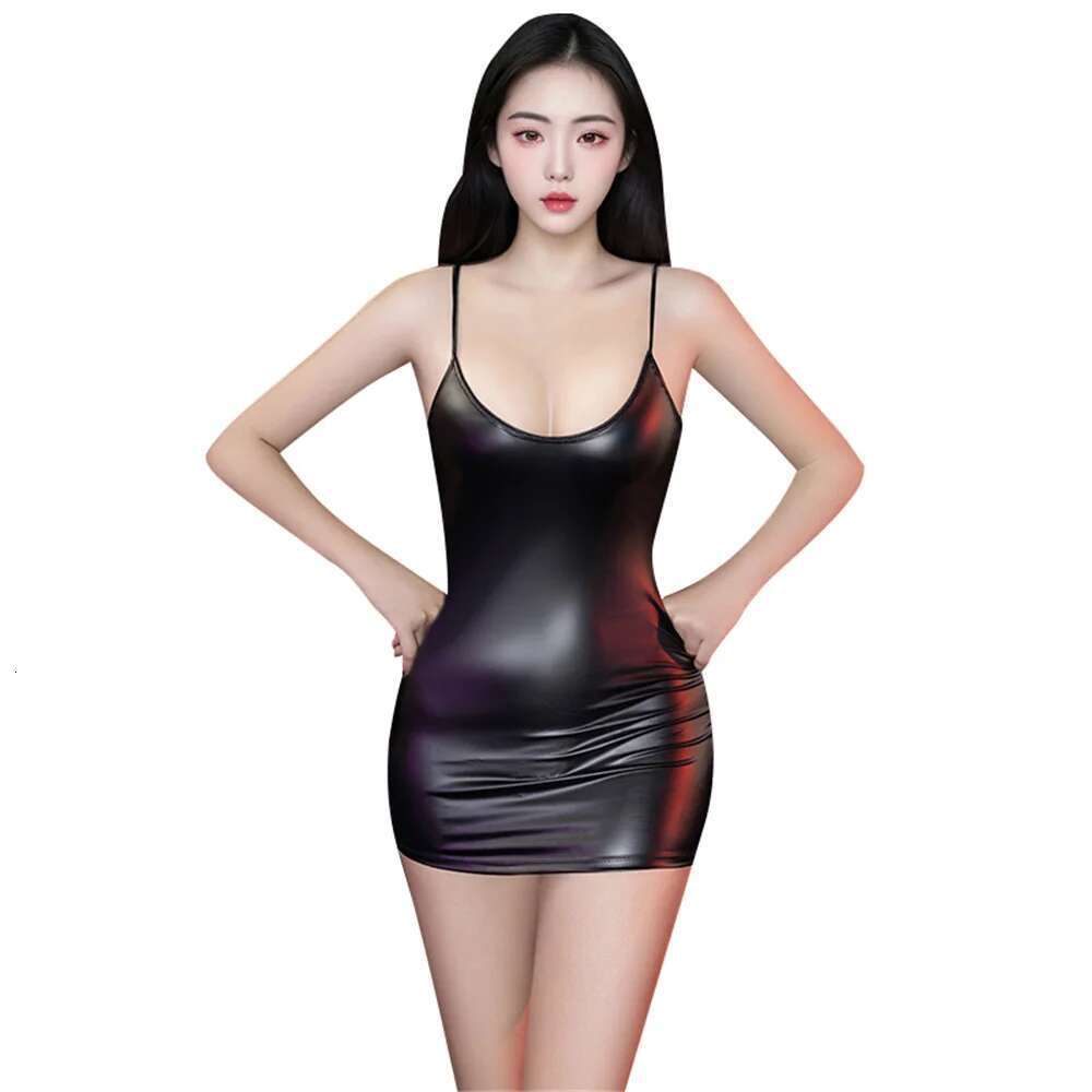 Sexy Women Deep V Neck Tight Pencil PU Faux Leather Package Hip Hollow Out Backless Maid Micro MINI Dress