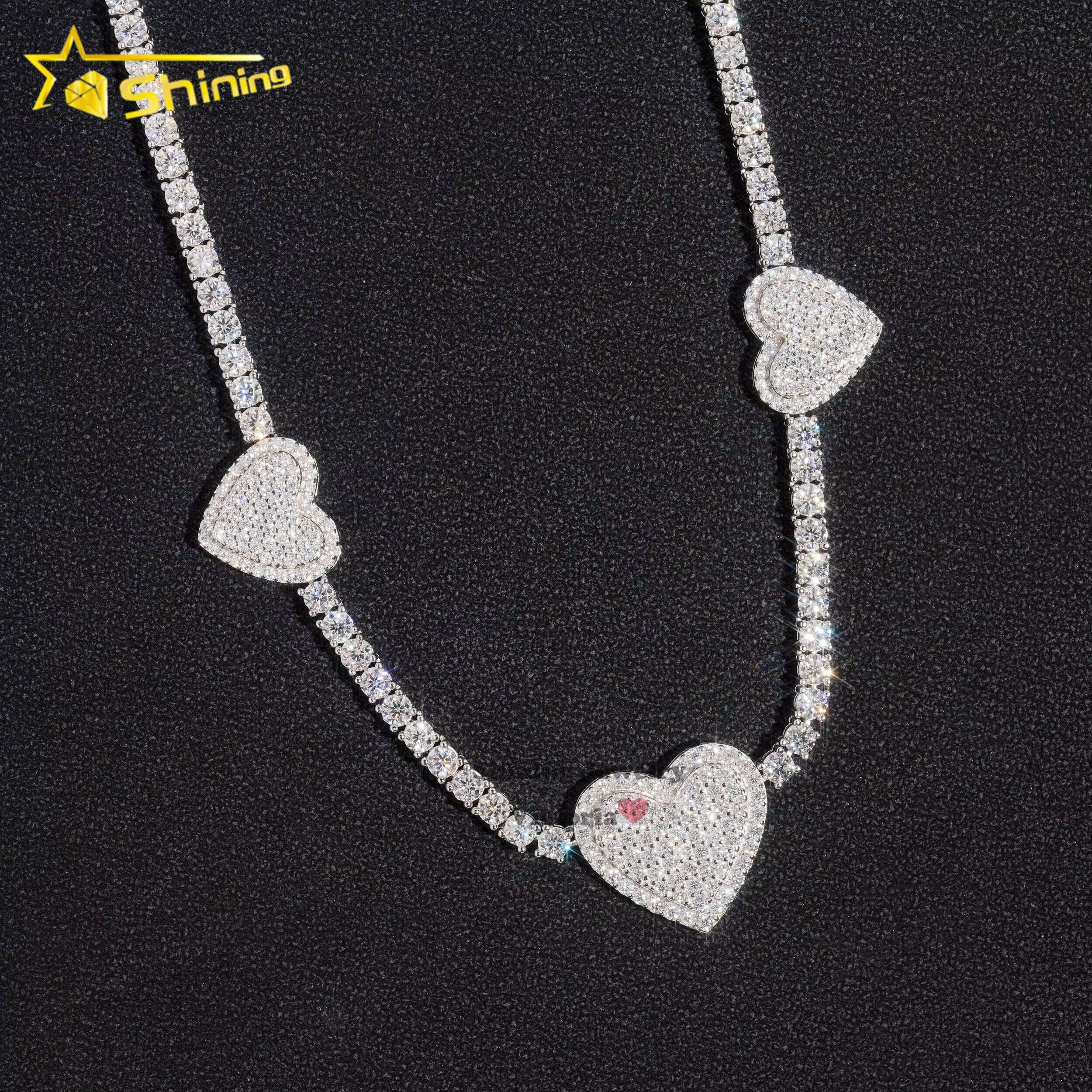 New Heart Collection Mens 3MM Gold Plated 925 Sterling Silver VVS Moissanite Diamond Iced Out Tennis Necklace Heart Pendant