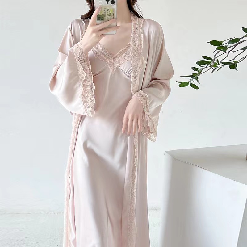 X595 Large size new sexy long suspender dress nightgown two-piece set ice silk home clothes women's V-neck