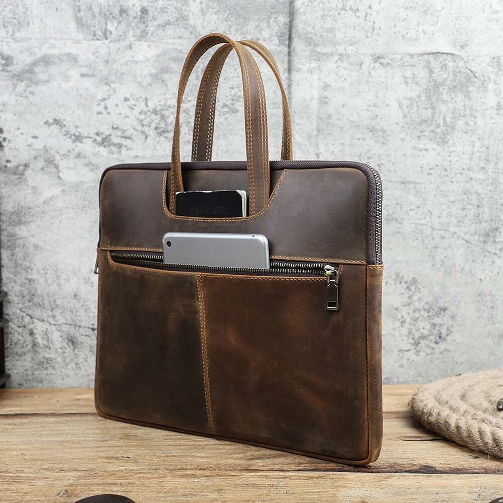 CONTACT'S FAMILY Men Briefcase Genuine Leather Laptop Bag For Air 13 M1 M2 M3 M4 Pro 14 book 15 16 inch Handbag Tote