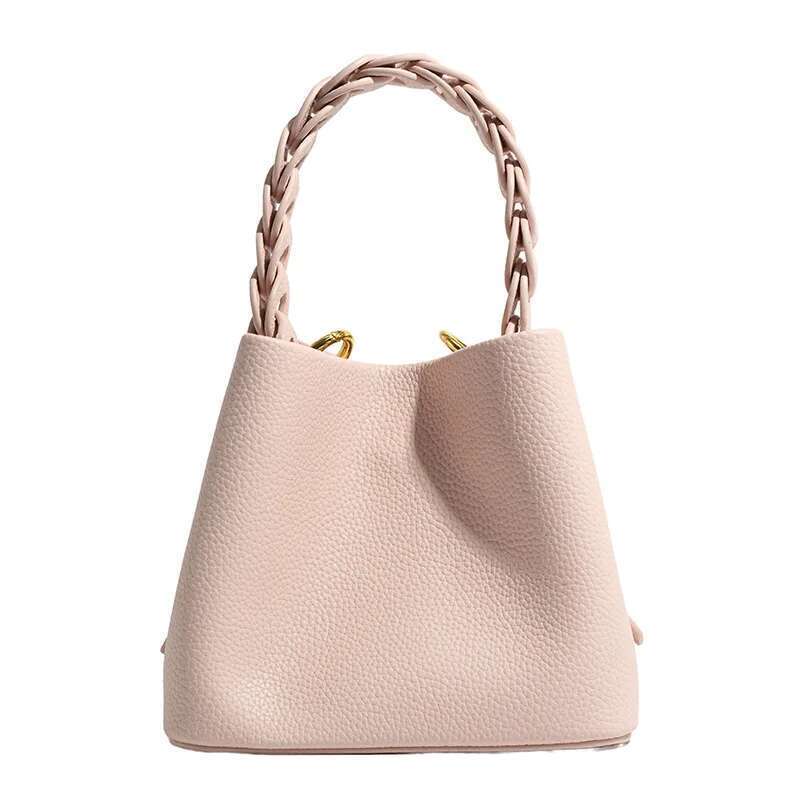 New Hollowed Out Hand-Held Soft Leather Lychee Pattern Drawstring Bucket Bag, Fashionable And Versatile Women's Bag