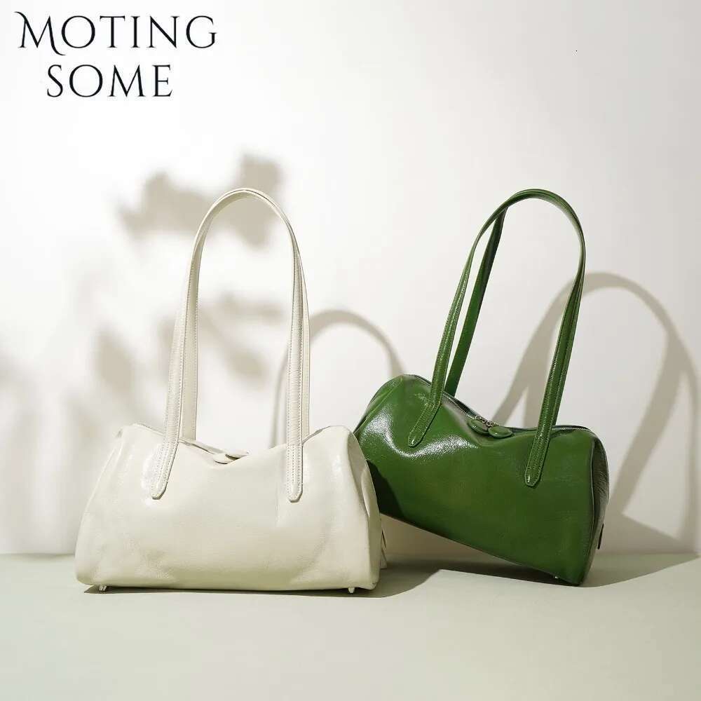 Motingsome Green Bags Retro Women Bag Oil Wax Cowhide Leather Handbag Vintage Boston Pillow Lady Daily Purses 2024