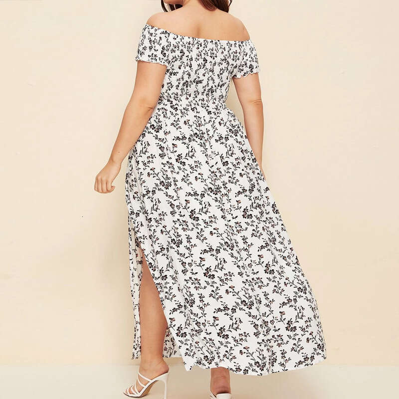 Plus Size Womens Dress June Tender Floral Dress Plus Size Womens Clothing Womens Large Casual Bohemian Print Off Shoulder One Line Neck Split Long Sma