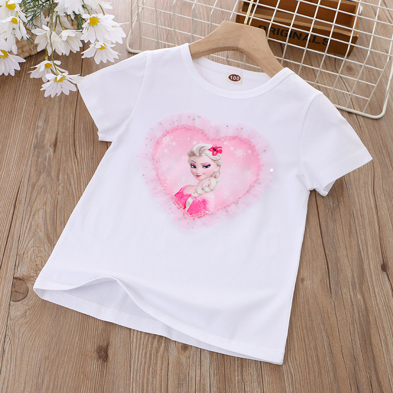 DISNEY Frozen Princess Elsa kids designer clothes Girls short sleeve princess short sleeve top T-shirt cotton comfortable and soft with no label desig