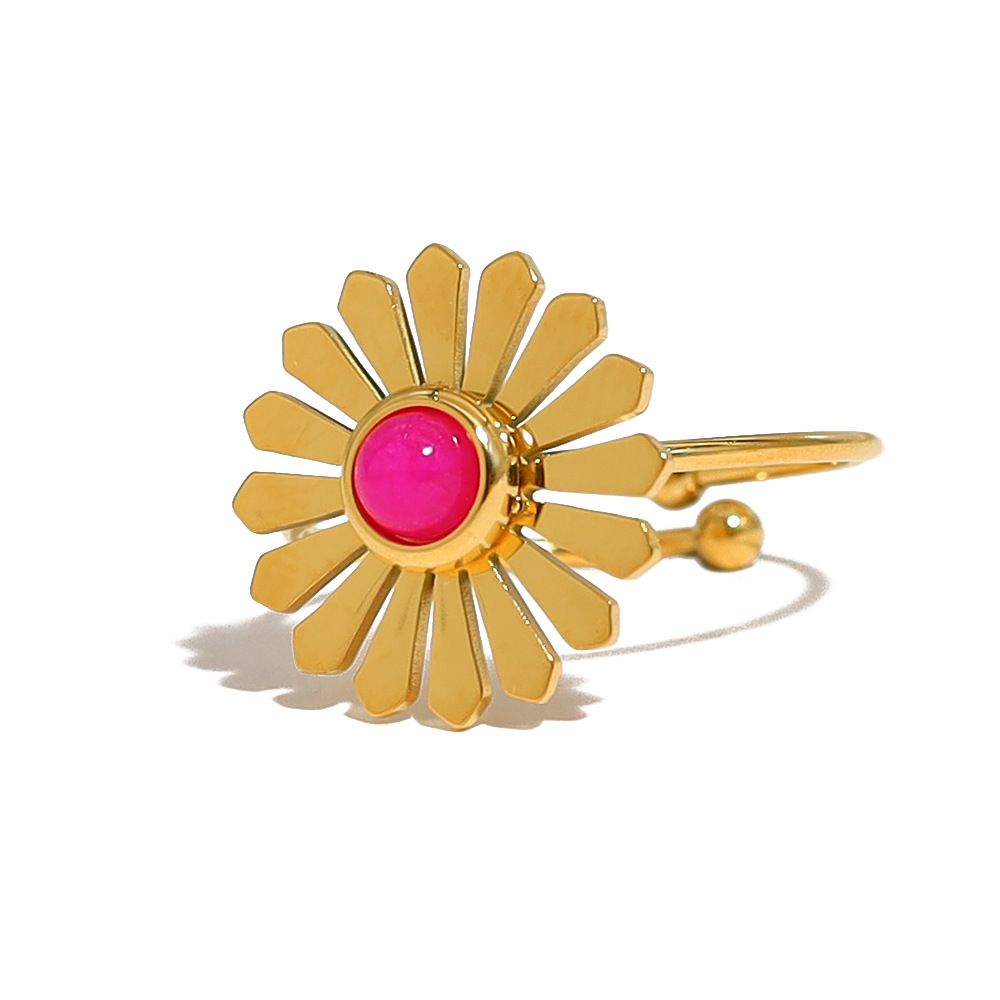 French Vintage Style 18K Gold Plated Titanium Steel Adjustable Flower Ring with Natural Gemstones for Women