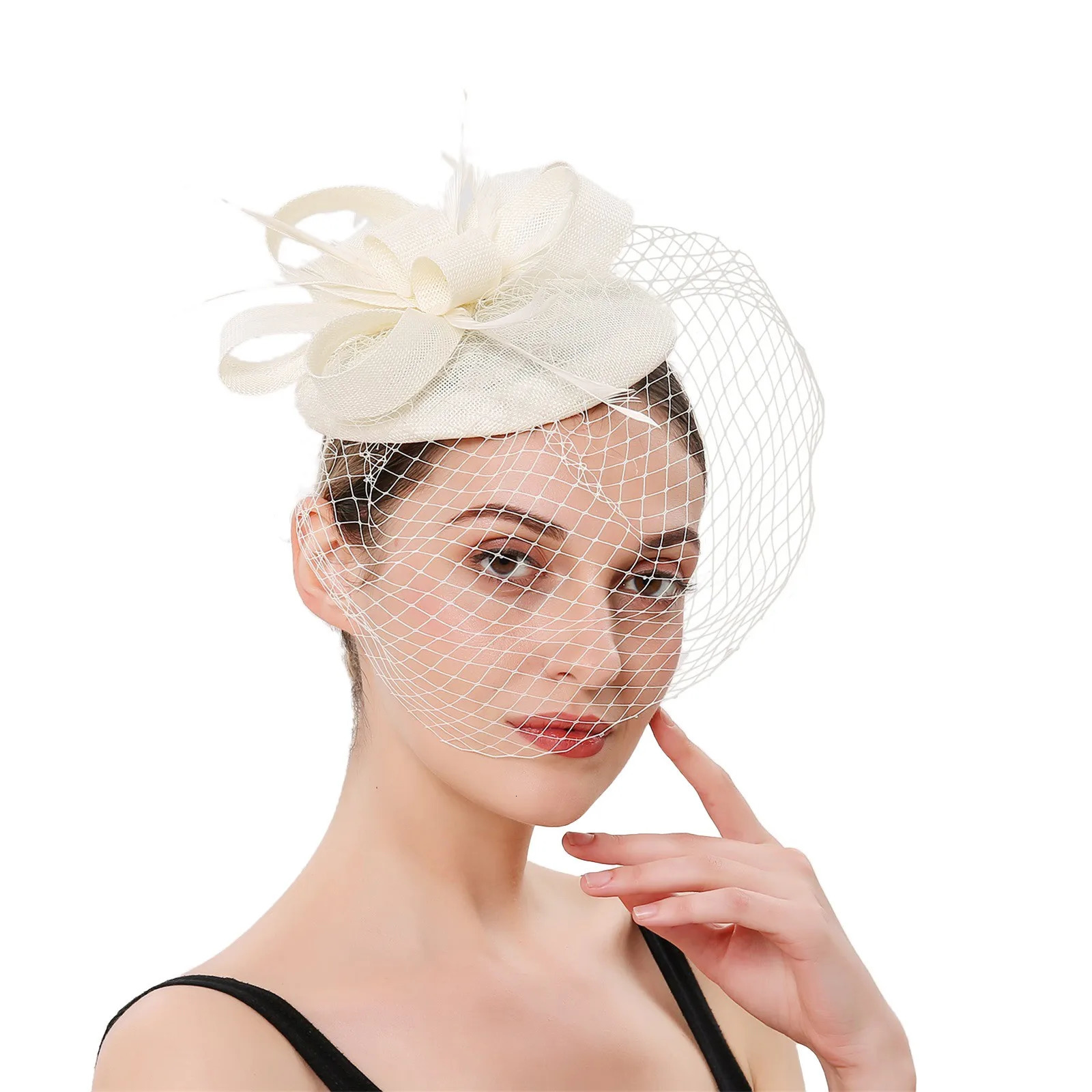 Fascinator Pillox Hat Wedding Bridal Veil Fascinator Mesh Lace Headband Tea Party Feather Fascinator Hats for Women 250514