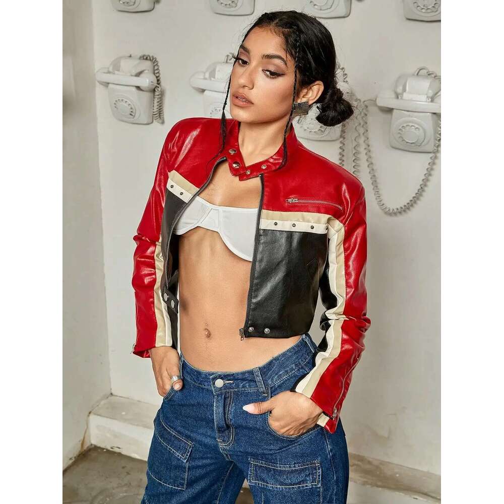 Women Fashion Punk Bikercor Colorblock Zipper Studded Detail Crop PU Leather Moto Jacket Y2k Short Outerwear For Female
