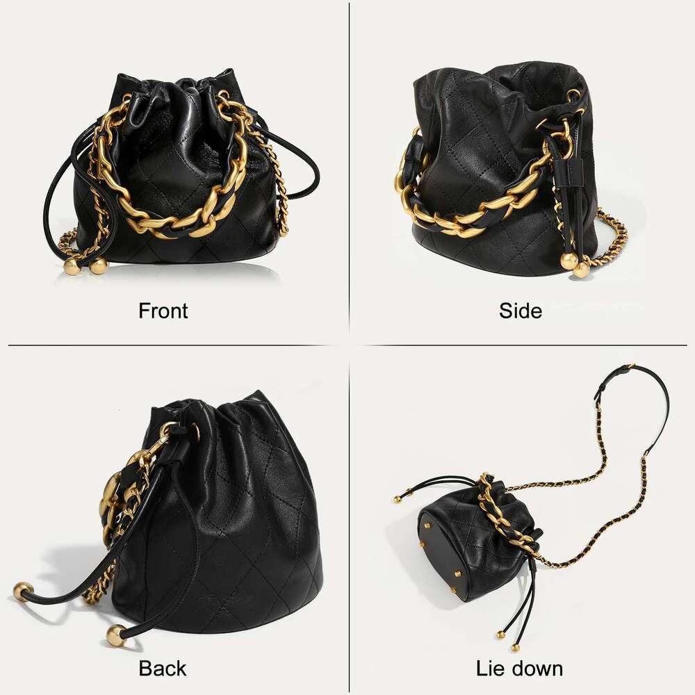 ITAMOOD Genuine Leather Quilted Bucket Fashionable Chain Crossbody Bag Women's Argyle Embroidered Drawstring Wallet