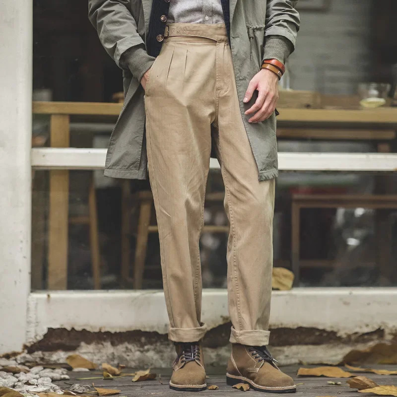 Maden Vintage Khaki Gurkha Pants Adjustable High Waist Casual Cargo Work Classic Straight Trousers Mens Spring and Fall 250515