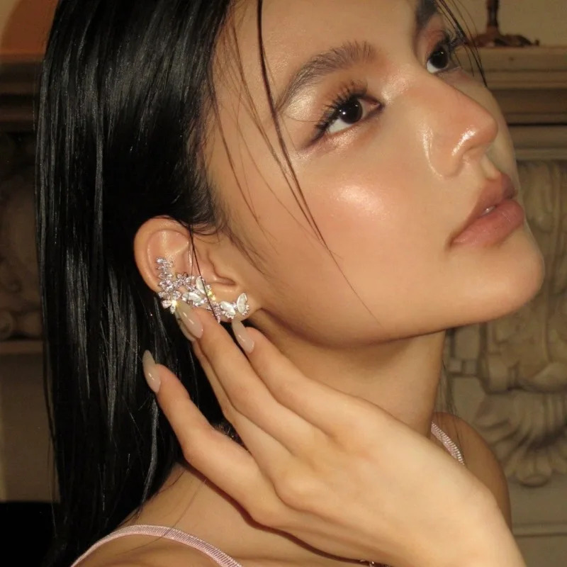 Fashion White Shell Butterfly Ear Clip Earrings Integrated 1 Pcs Rhinestone Left EarCuff Silver Plated Earring Jewelry 250515