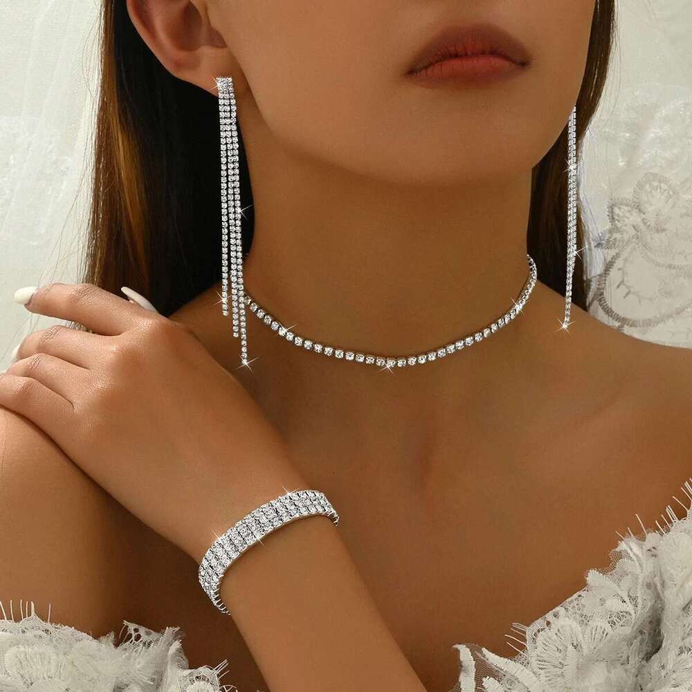 4Pc Women's Trendy Claw Chain Multi Row Tassel Earrings Necklace Bracelet Jewelry Set Wedding Banquet Party Holiday Gift