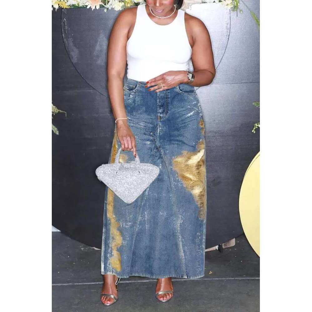 Women's Plus Size Skirt Daily Blue Metallic Coating High Waist Pockets Split Hem Casual Vintage Streetwear Long Denim Skir