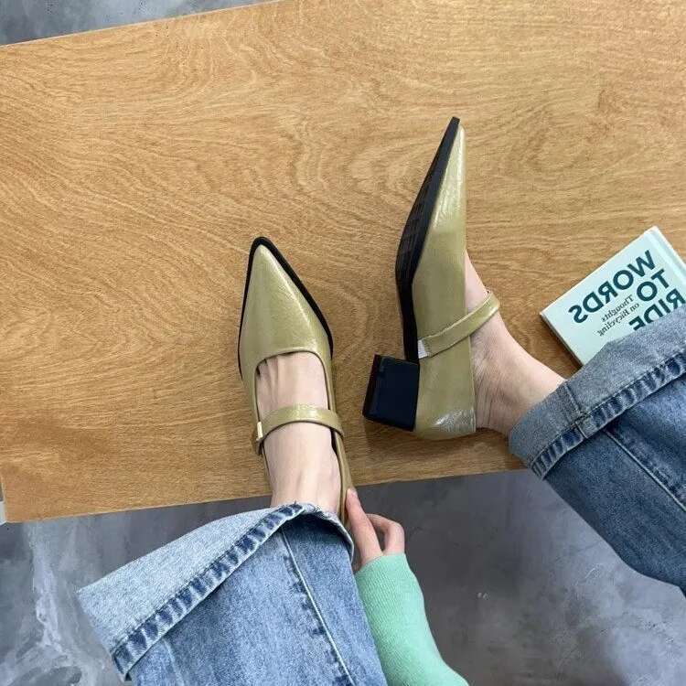 Retro Style Thick Heel Women Mary Jane Shoes Fashion Shallow Pointed Toe Ladies Comfort Office Pumps Footwear