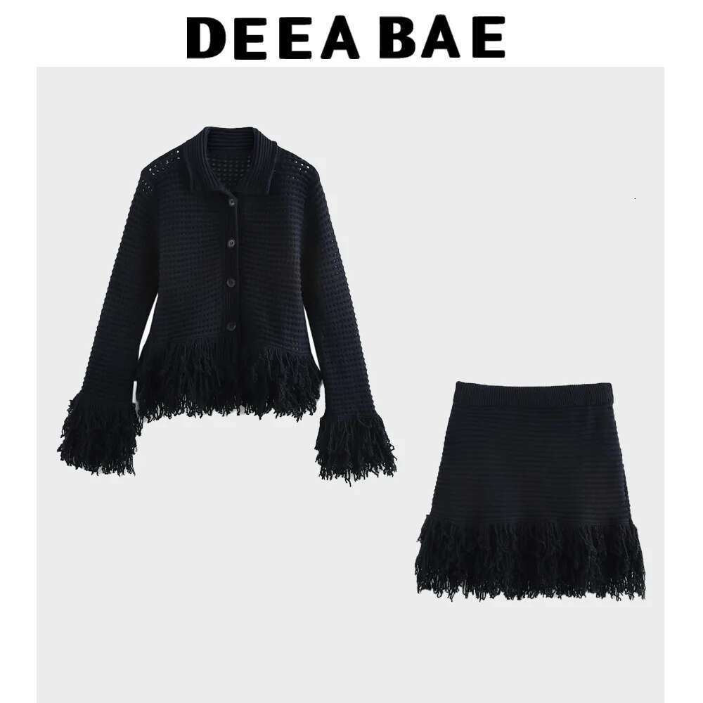 DEEABAE Korean Version Women's Tassel Embellishment Temperament Lapel Long Sleeved Knitted Cardigan High Waisted Skirt Set
