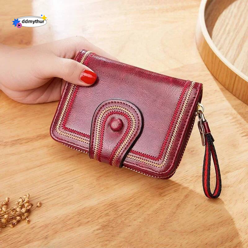 Cross Border Retro Oil Wax Skin European and American Multi Slot Organ Card Bag Zipper Short Women's Wallet ddmythur