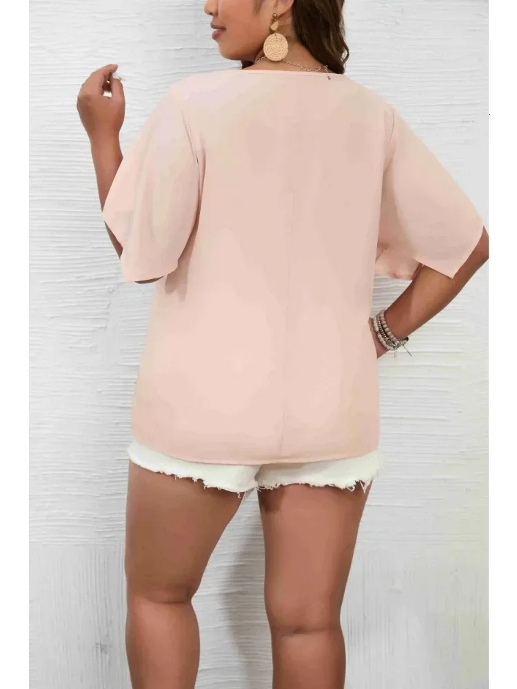 Plus Size 1XL-5XL Womens V Neck Solid Color Short Sleeve Blouse Bell Sleeve Blouse Casual Pullovers Shirt Top 250514