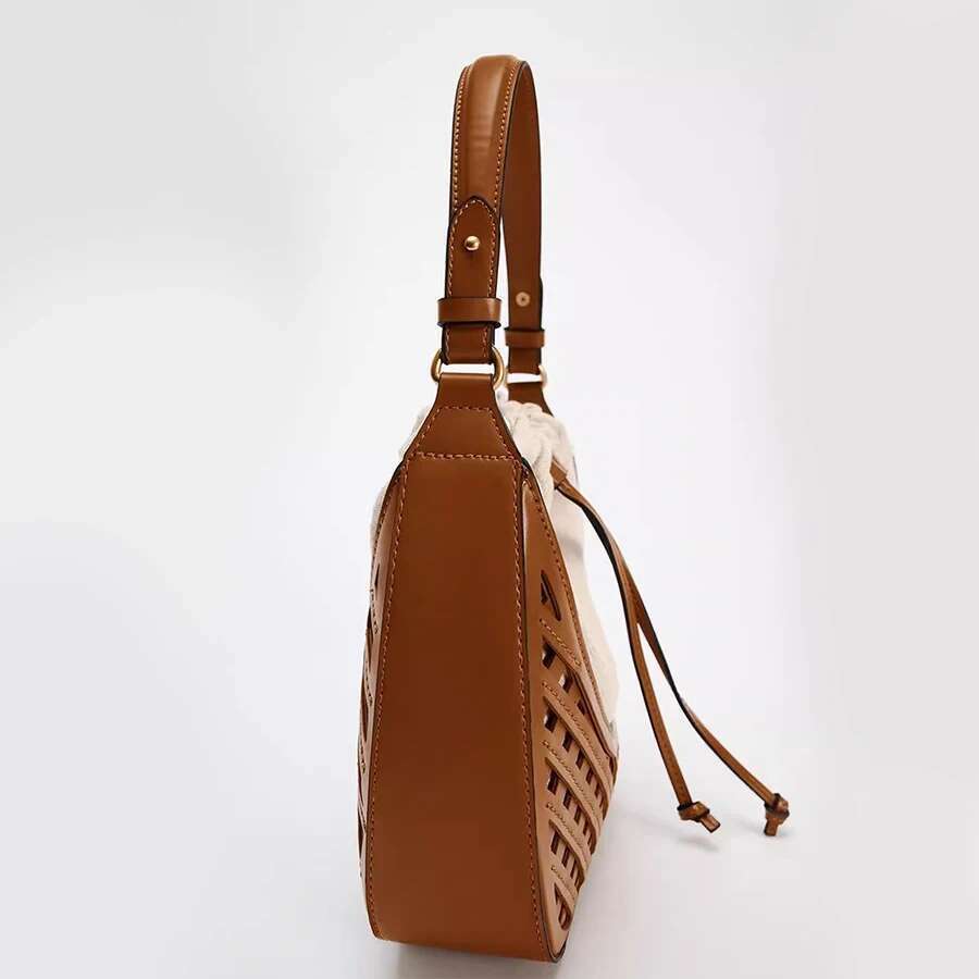 Fashionable Autumn and Winter Woven Hollow Shoulder Crossbody Bag Retro Versatile Travel Contrast Color Large Capacity Canvas