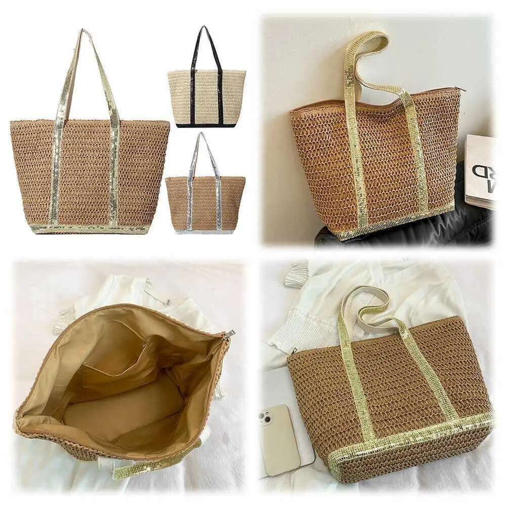 Women Boho Large Capacity Sequins Straw Tote Handbag Contrast Color Simple Shoulder Ladies Summer Daily Bag
