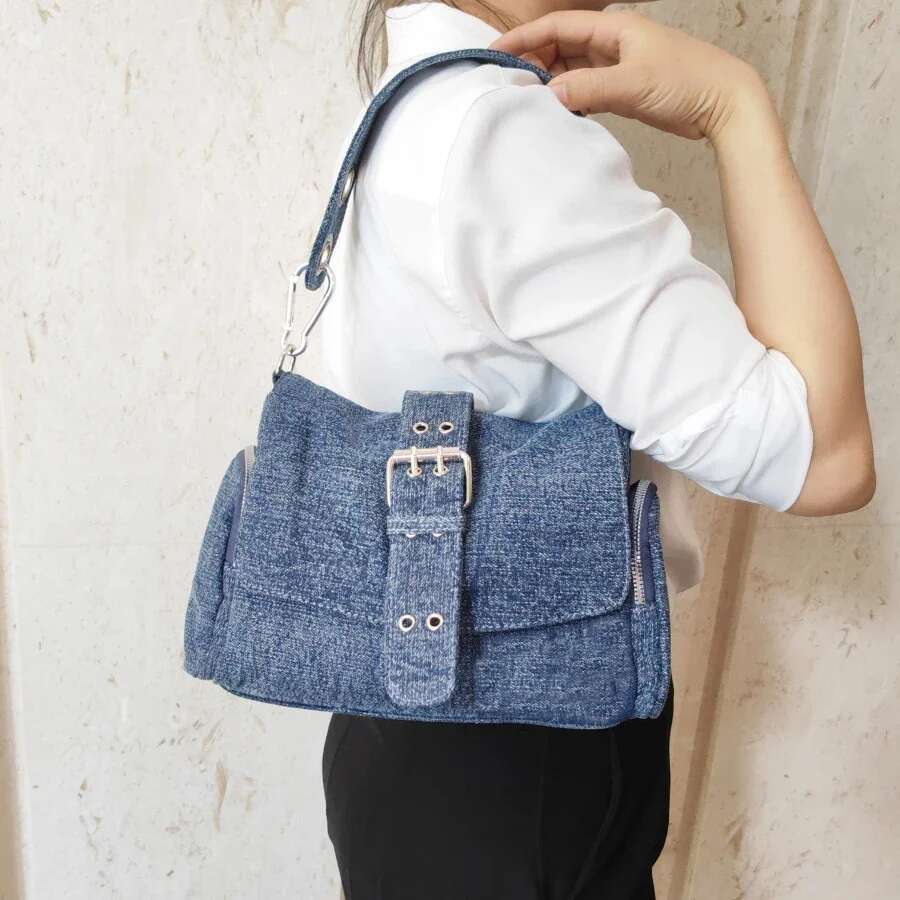 Fashion Rivet ladies Axillary bags Brand design female handbag Light weight blue Denim Women Shoulder Crossbody Bag