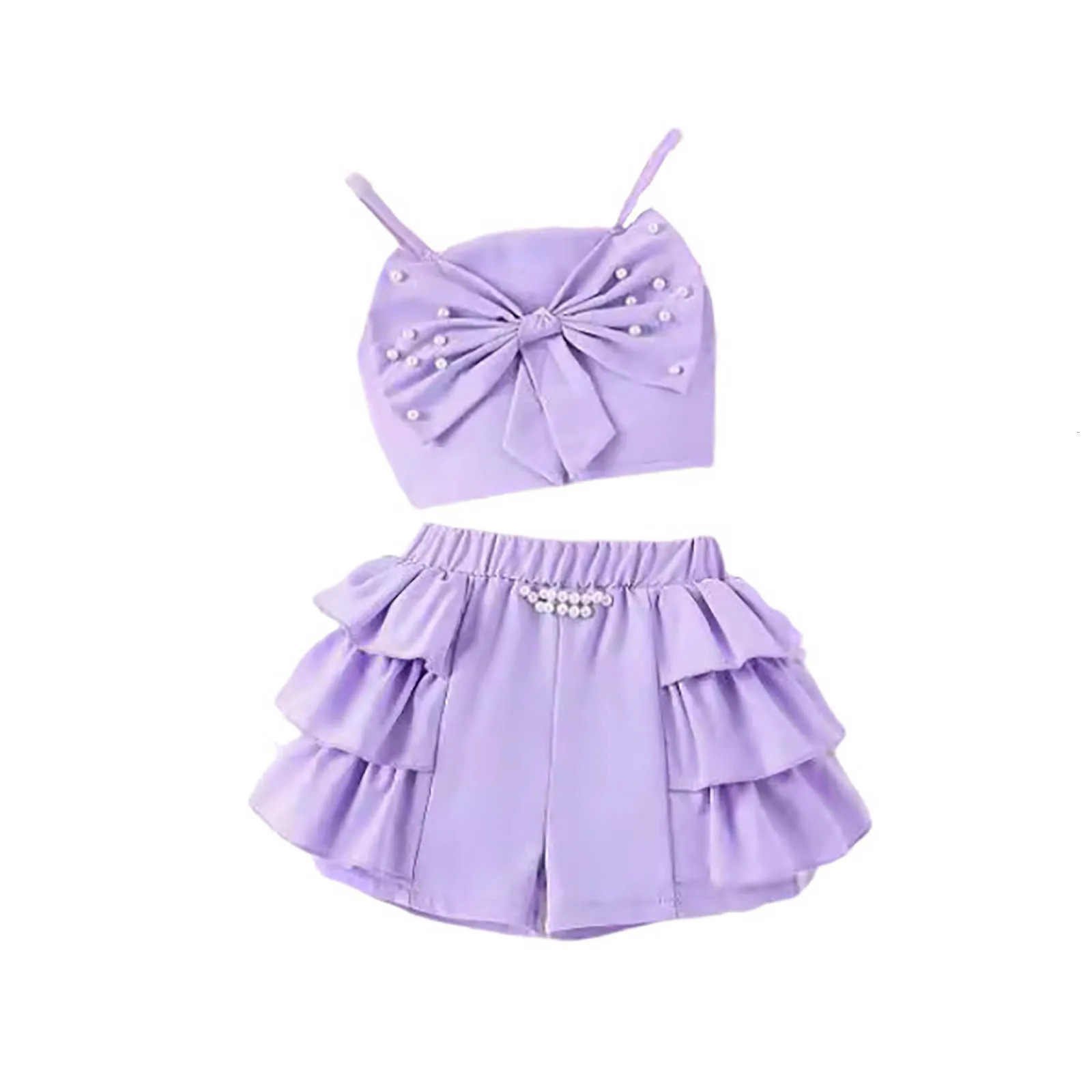 Kids Girls Summer Solid Color Suspender Sleeveless Knot Bow Vest Tops And Stretch Ruffled Shorts 2PCS Outfits Clothes For Girls 250515