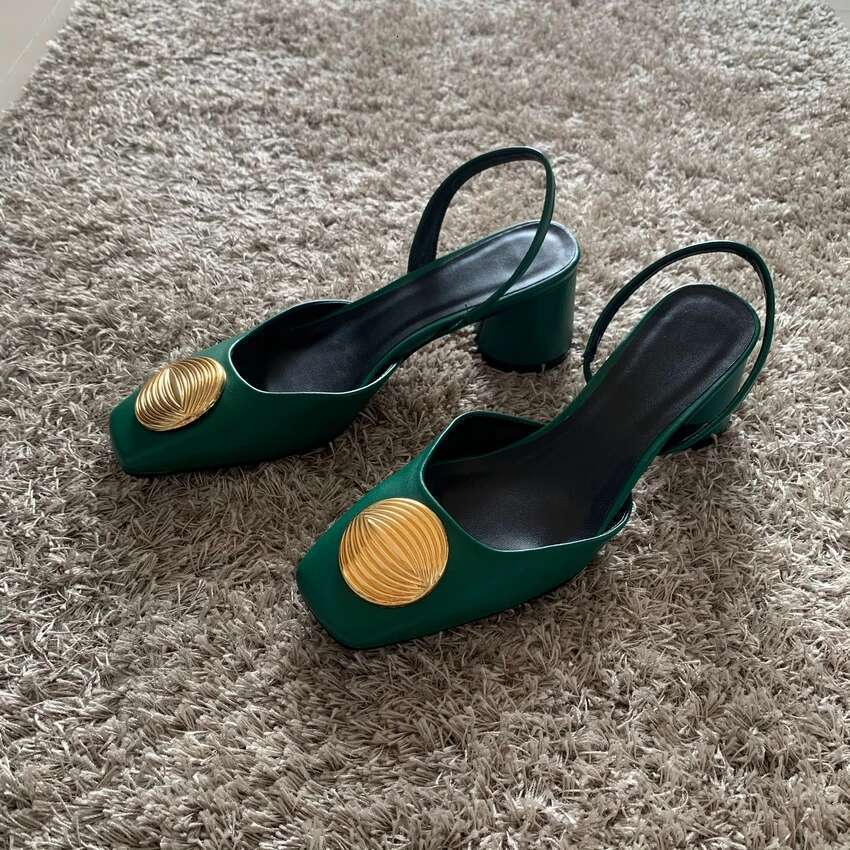 Green High For Women 2024 Fashion Squared Toe Leather Slingbacks Pumps Elegant Lady Heeled Shoes Autumn Heels