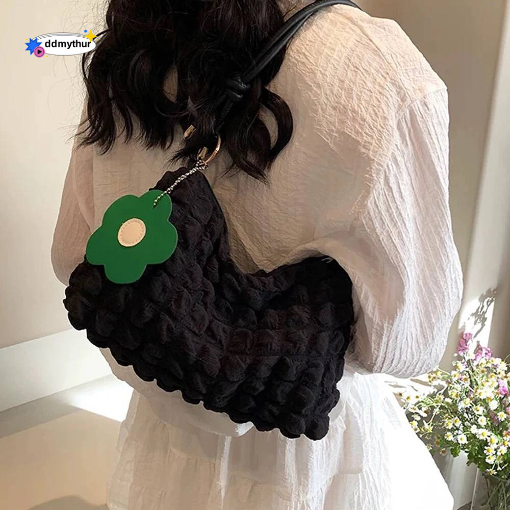 Korean Soft Bubbles Handbags for Woman Girls Flower Pleated Cloud Underarm Pouch Casual Shoulder Bag Cute Purse ddmythur
