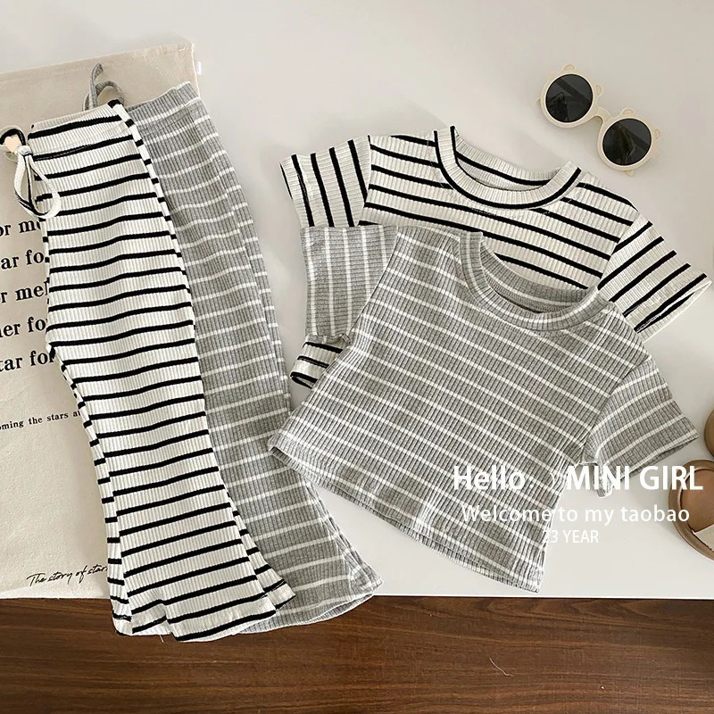 Childrens Clothing Sets Striped Short Sleeve Flare Pants 2pcs Kids Clothes Girls for 2 To 7 Years Baby Girl Outfit Set 250515
