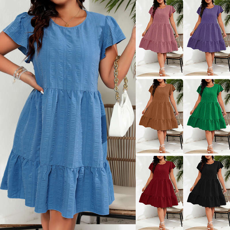 Plus Size Tender Womens Dress Womandress Bodysuit Women Dresses Vestidos De Noche Large Round Neck Ruffle Sleeves Waist Cinching Vacation Casual Tempe