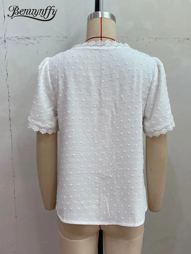 Benuynffy Vneck Lace Swiss Dot Solid Tops Blouse Women Fashion Summer Short Sleeve Boho Sweet Casual Female Blouses 250515