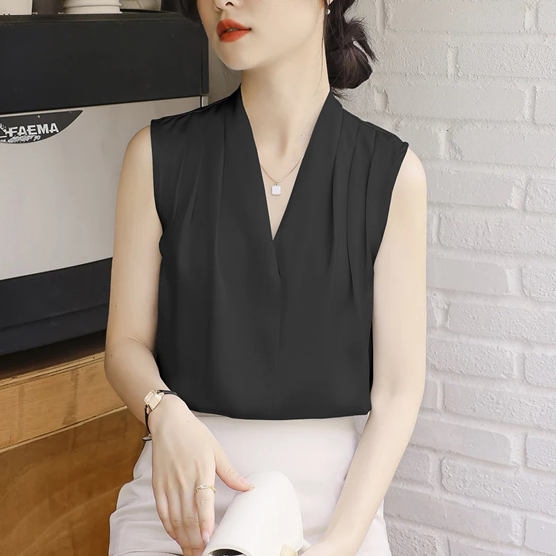 Summer Satin Tank Top Womens Blouses Sleeveless Solid Cross Vneck Casual Korean Elegant Vest Shirts for 250515
