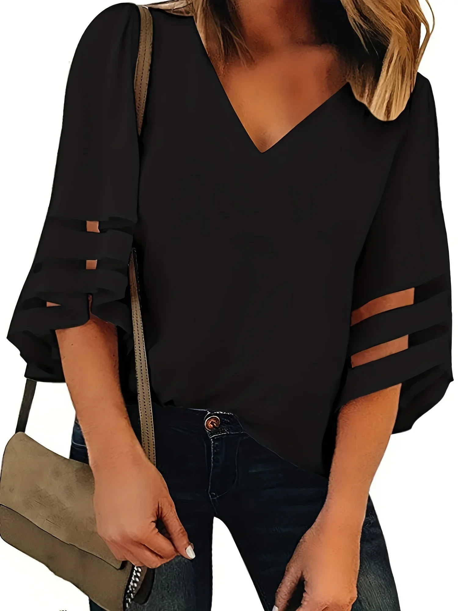 Women Plus Size Summer Loose V Neck Tops Ladies Mesh Stitching Casual Holiday Blouse Shirt Female Blouses Tunic Shirts 250515