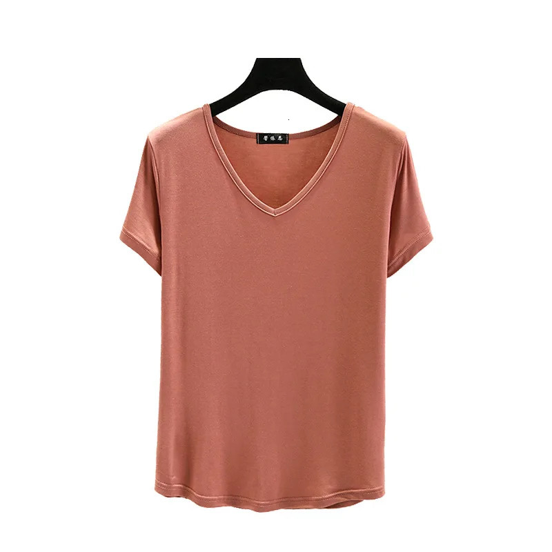 Summer women Modal V-Neck Tshirt Thin Bottoming T-shirts Plus size Loose tee tops Streetwear Basic Top 250515