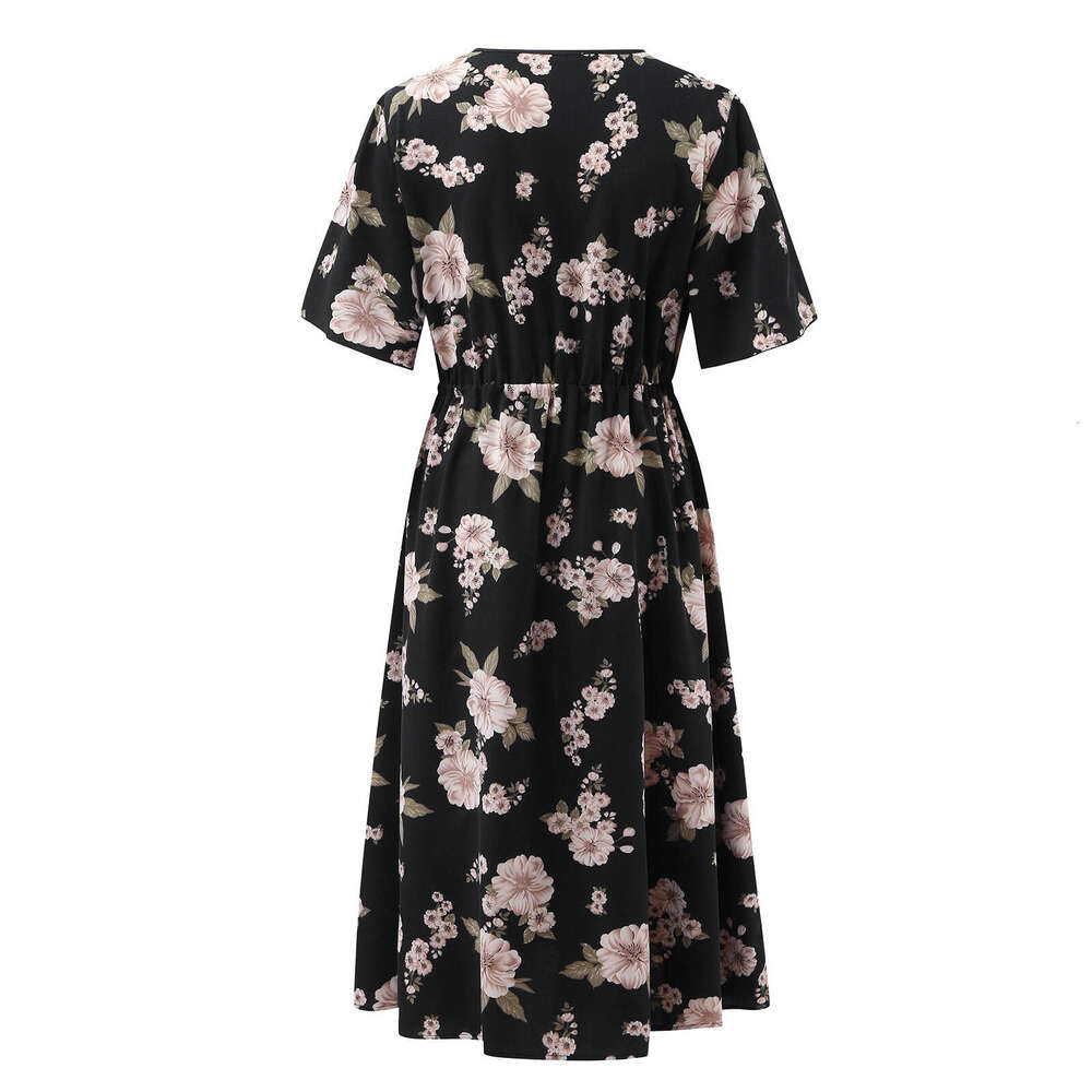 Plus Size Beach Dress Vestidos Fulllace Women Designer Clothing Large Womens Floral Print Short Sleeved Dress with Waistband Loose Slit Medium Length 