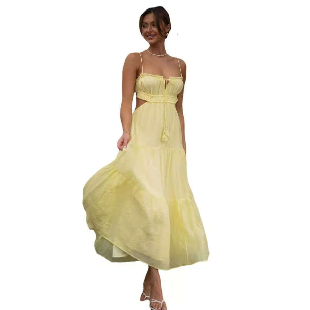 White Dress Maxi Dress Summer New Women's Style Hanging Strap Sexy Hollow Out Long With Open Back Panel Large Swing Dress KQ