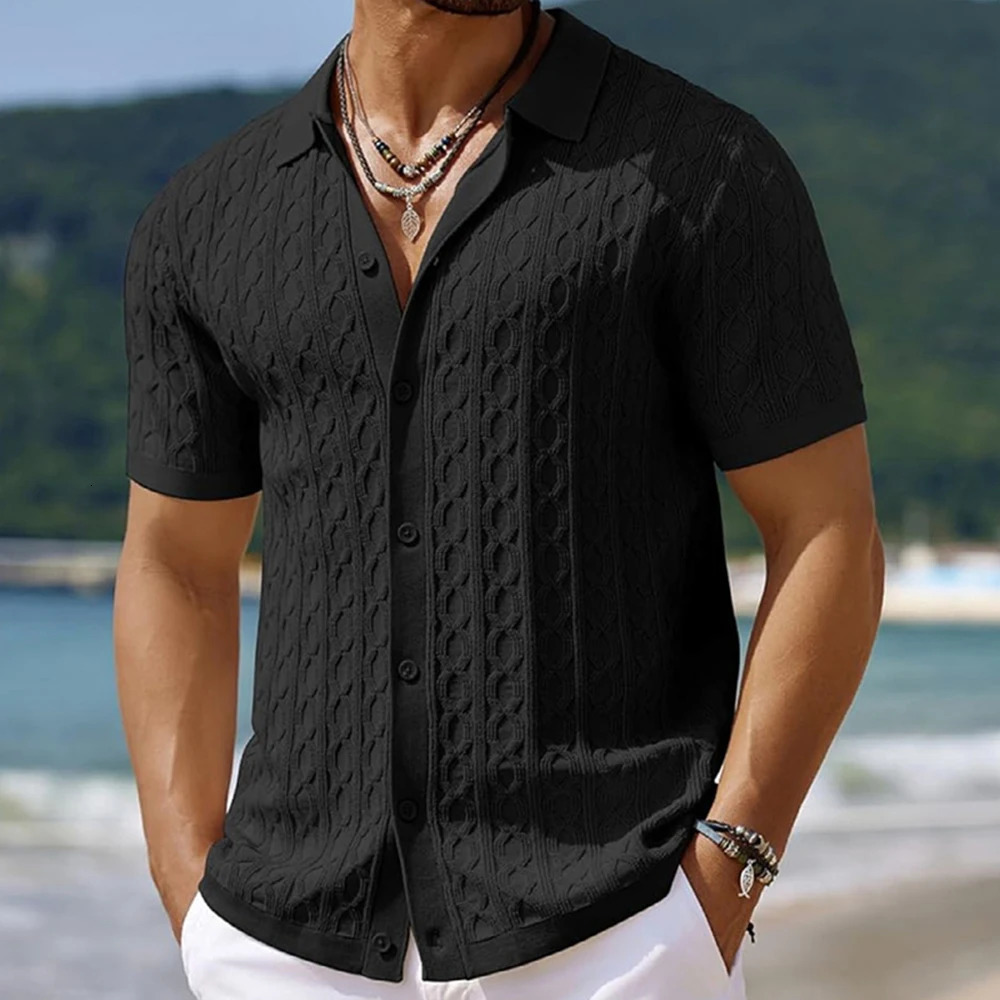 Mens Light Button-down Leisure Knitted Polo Shirt Retro Solid Color Short Sleeve Chic Fashion Jacquard Knitwear 250515