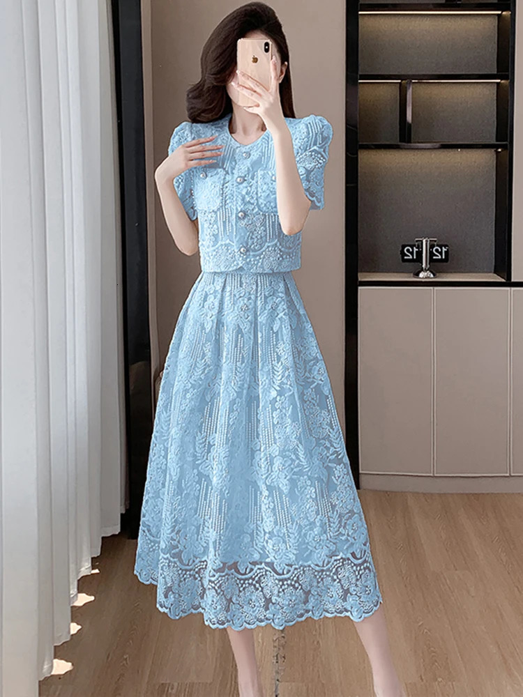 Summer y Lace 2 Piece Set Chic Women Beaded Flower Single Breasted Short Top A Line Midi Skirt Suits High Qu 250515