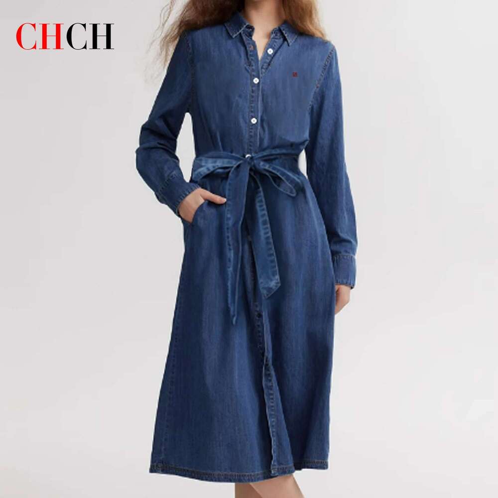 CHCH Women's Shirt 2025 New Denim Long Skirt A-Line Belt Looks Thin