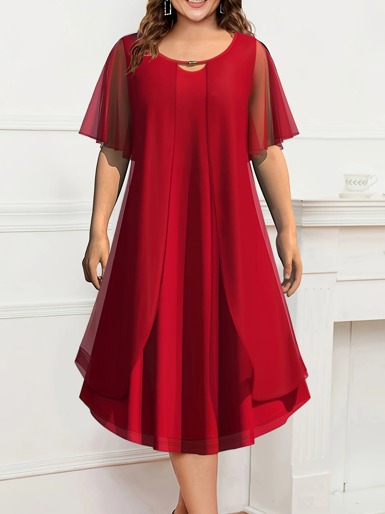 Womens Mesh Plus Size Dress Chiffon Tire Solid Elegant Casual ALine Short Sleeve Midi Summer Fashion Office 250506