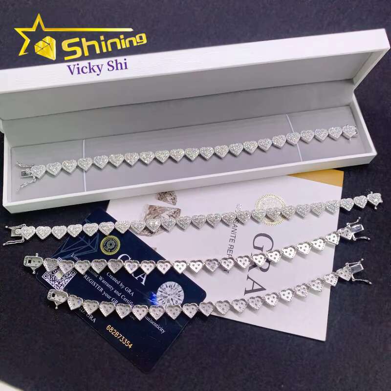 Factory Price Sterling 925 Silver VVS Moissanite Fine Jewelry Iced Out Hip Hop Heart Cuban Link Chain Bracelet