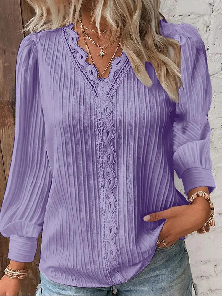 Womens Lace Stitching Shirt Loose Vneck Long Sleeve Pullover Chiffon Fall Top Simple Elegant Street Blouse 250515