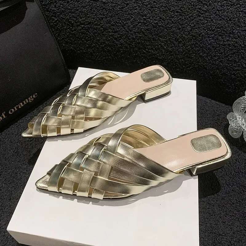 New Summer Gold Sier Low Slippers Pointed Toe Thick Heeled Gladiator Sandals Woman Brand Designer Heels Women