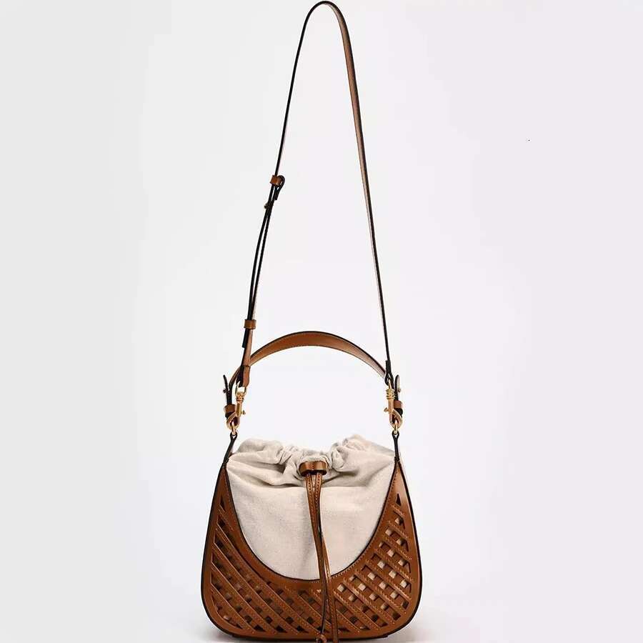 Fashionable Autumn and Winter Woven Hollow Shoulder Crossbody Bag Retro Versatile Travel Contrast Color Large Capacity Canvas