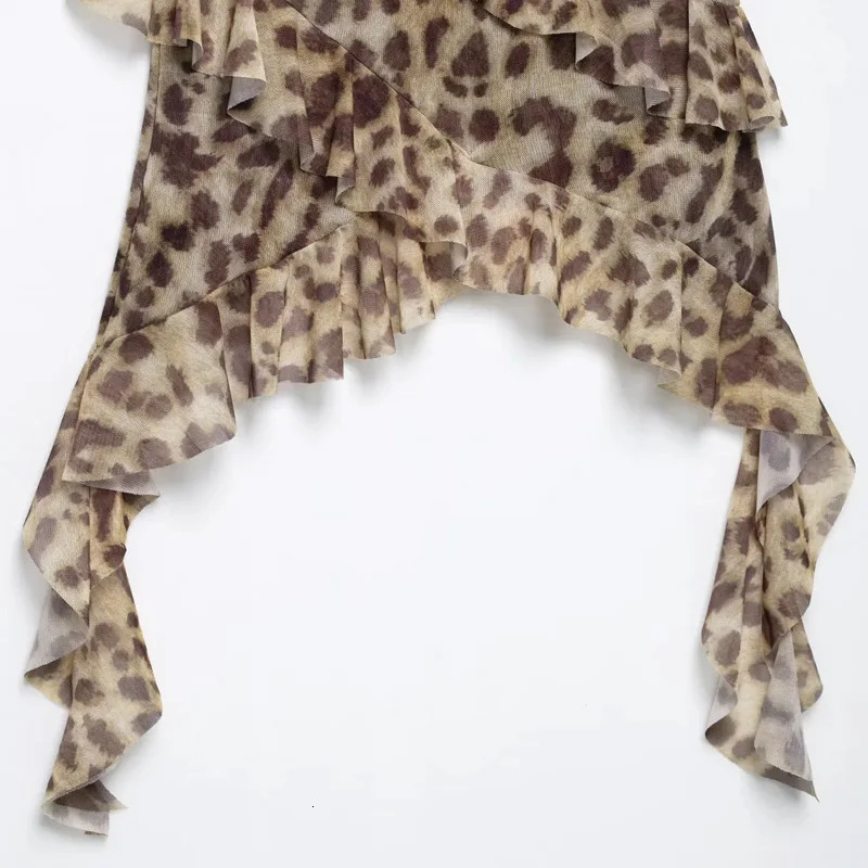 TRAF Leopard Crop Tops For Women Ruffle Sleeveless Printed Summer Backless Tulle Camisole Top Woman Sexy Asymmetrical 250515