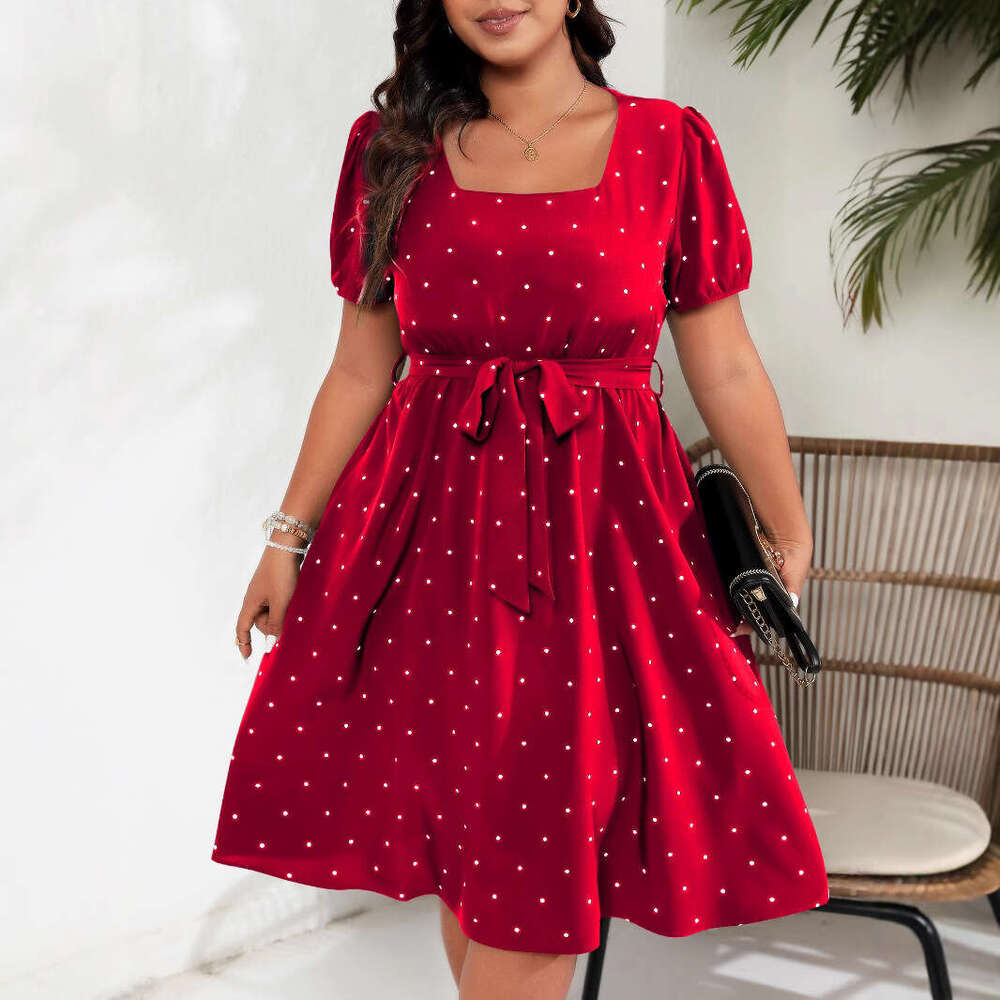 Plus Size Dresses for Woman Elegant June Dresses Party Womandress Vestido Large Size Womens Elegant Polka Dot Waist Cinched Lace Up Square Neck Big Sw