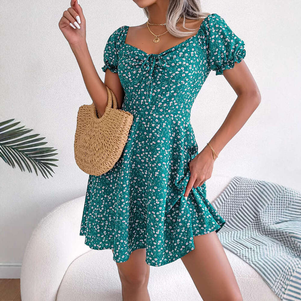 Ins style real-life photos of spring and summer trumpet sleeves, drawstring ties, floral patterns, big swing dresses, women's clothing, 2025 new 